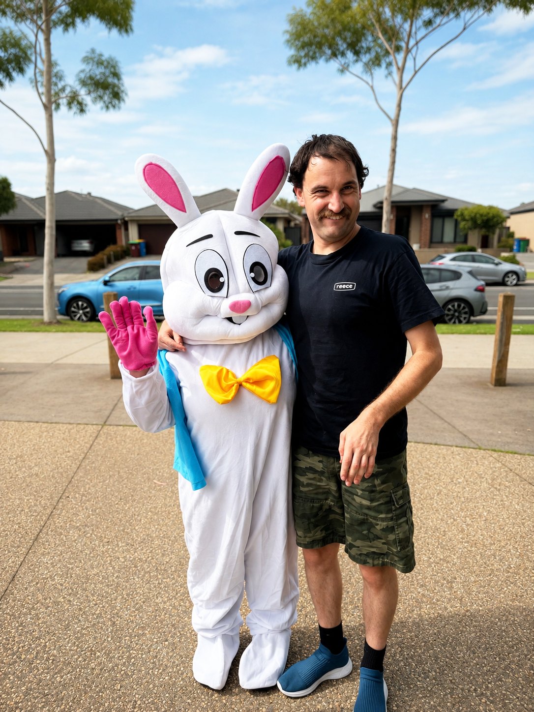 A man smiling arm in arm with an Easter Bunny mascot at a Newdawn community event
